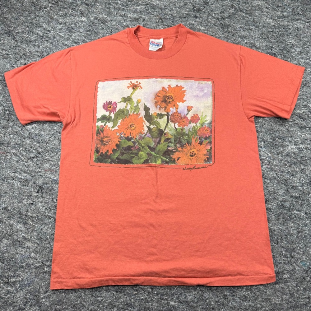 Vintage 90s Judy Buswell Floral T-Shirt Hanes Beefy-T Orange Large Made in USA